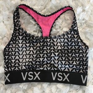 VSX Geometric Black and White Sports Bra with Pink Accent